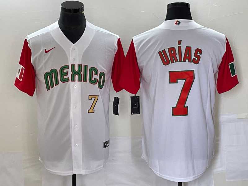 Men's Mexico Baseball #7 Julio Urias Number 2023 White Red World Classic Stitched Jersey 18